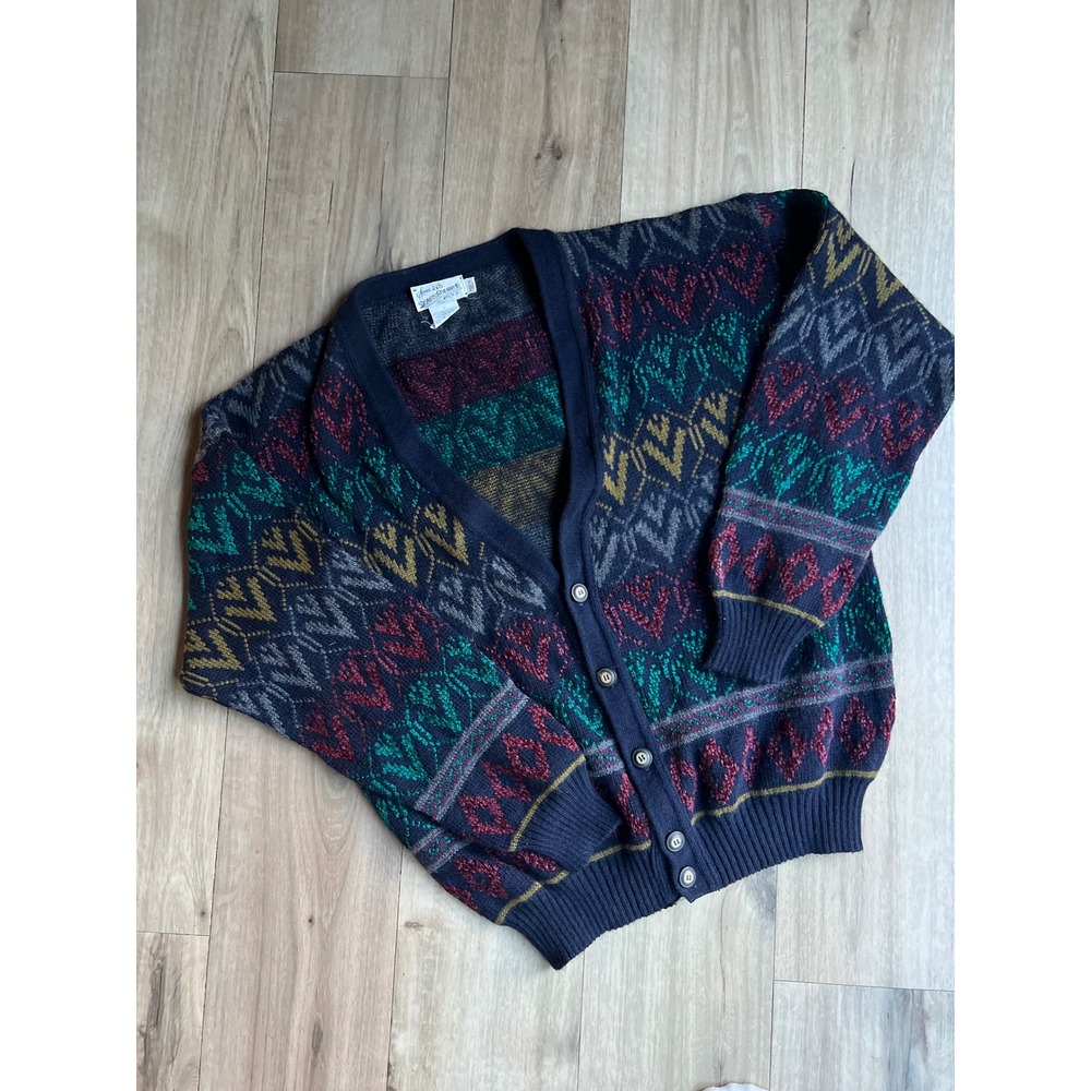 Vintage Sears Roebuck Italy Wool Blend Cardigan Sweater Mens Large Geometric L